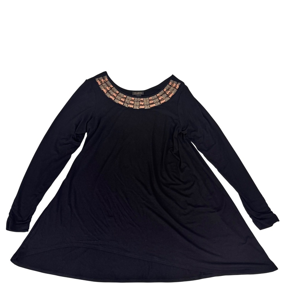 Isabel Tunic Top Womens Large Black Beaded Neckline Asymmetrical Hem Long Sleeve